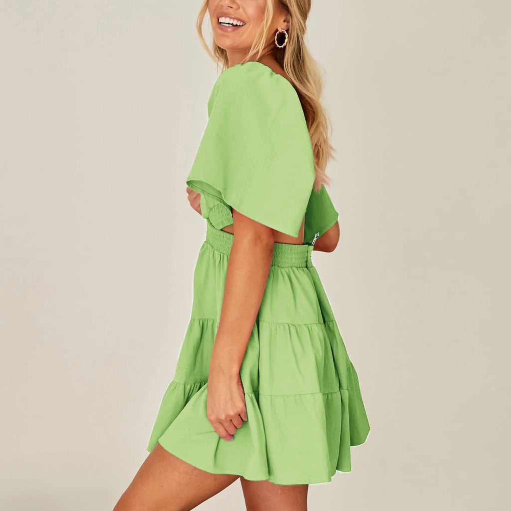 Senllen Womens Summer Dresses 2026 Short-Sleeve Square Neck Mini Dress Crossover Elastic Waist Casual Party Tiered Dress