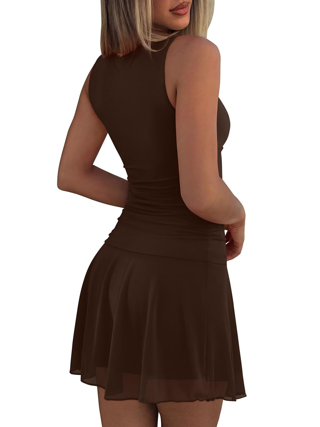 REORIA Womens Sexy Boat Neck Mini Dress Sleeveless Mesh Ruched Drop Waist Y2k Party Dresses