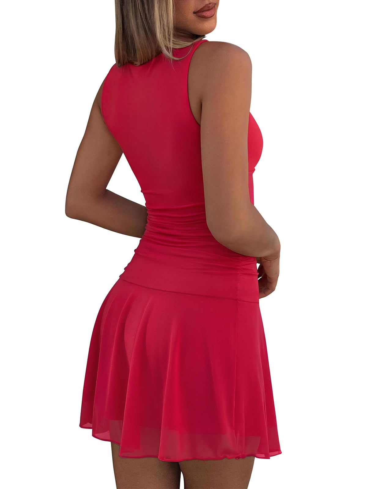 REORIA Womens Sexy Boat Neck Mini Dress Sleeveless Mesh Ruched Drop Waist Y2k Party Dresses