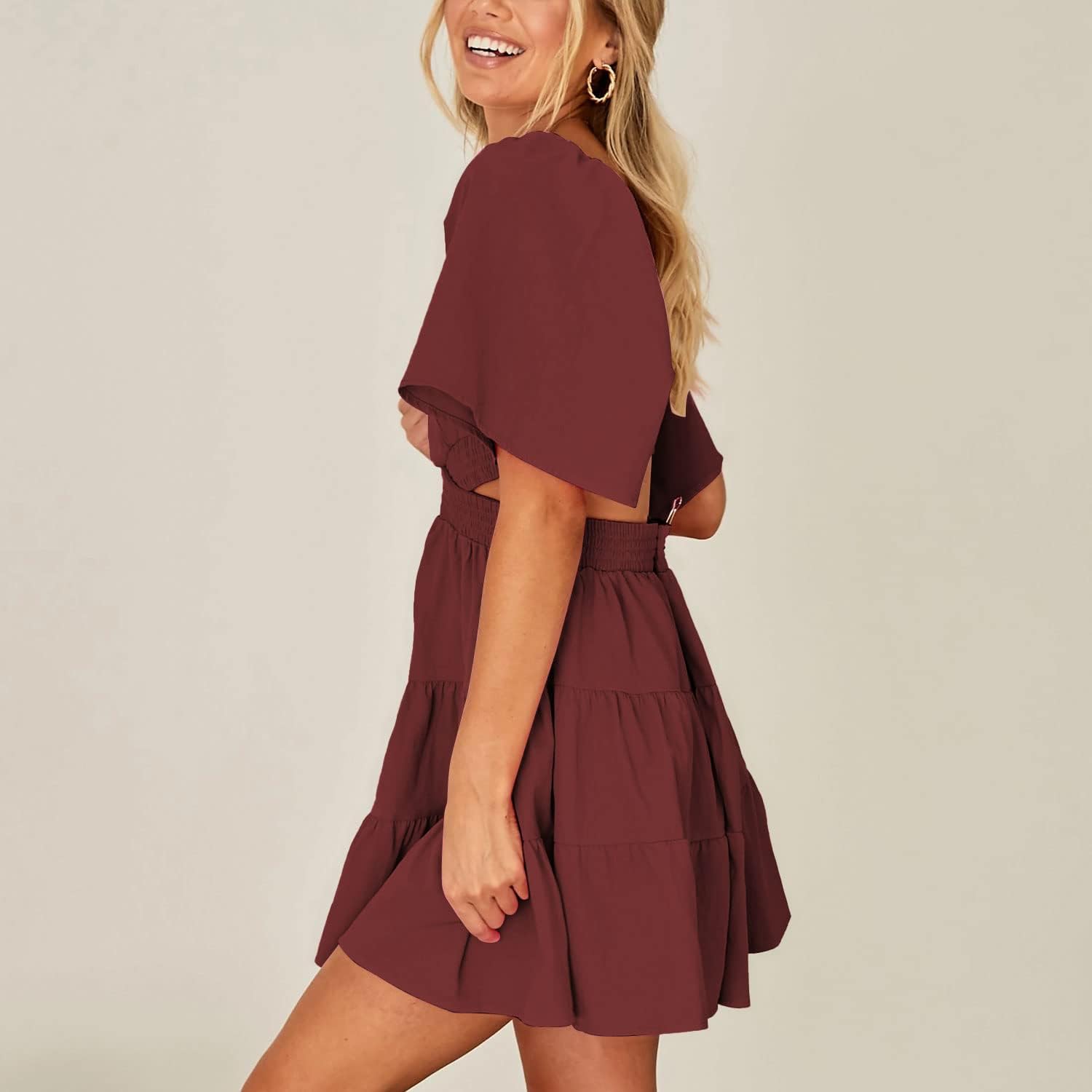 Senllen Womens Summer Dresses 2026 Short-Sleeve Square Neck Mini Dress Crossover Elastic Waist Casual Party Tiered Dress