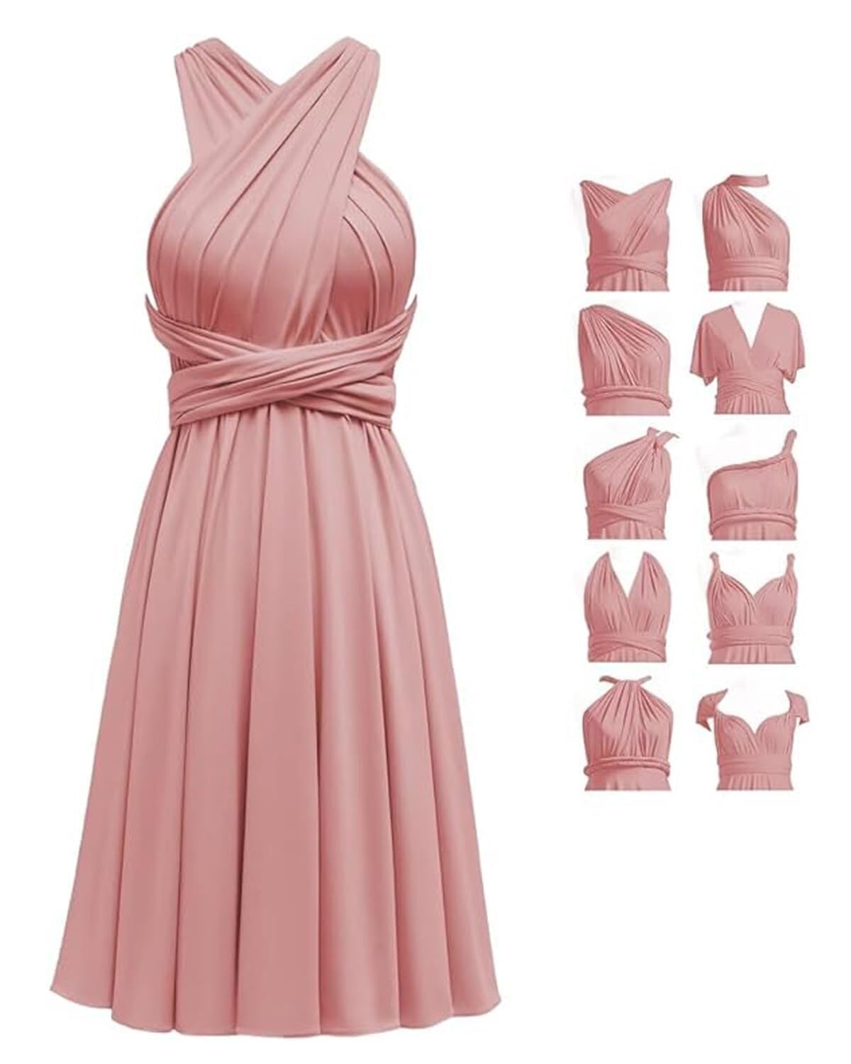 Short Infinity Dresses with Bandeau,Midi Bridesmaid Convertible Dress,Elastic Wedding Multiway Twist Wrap Dress