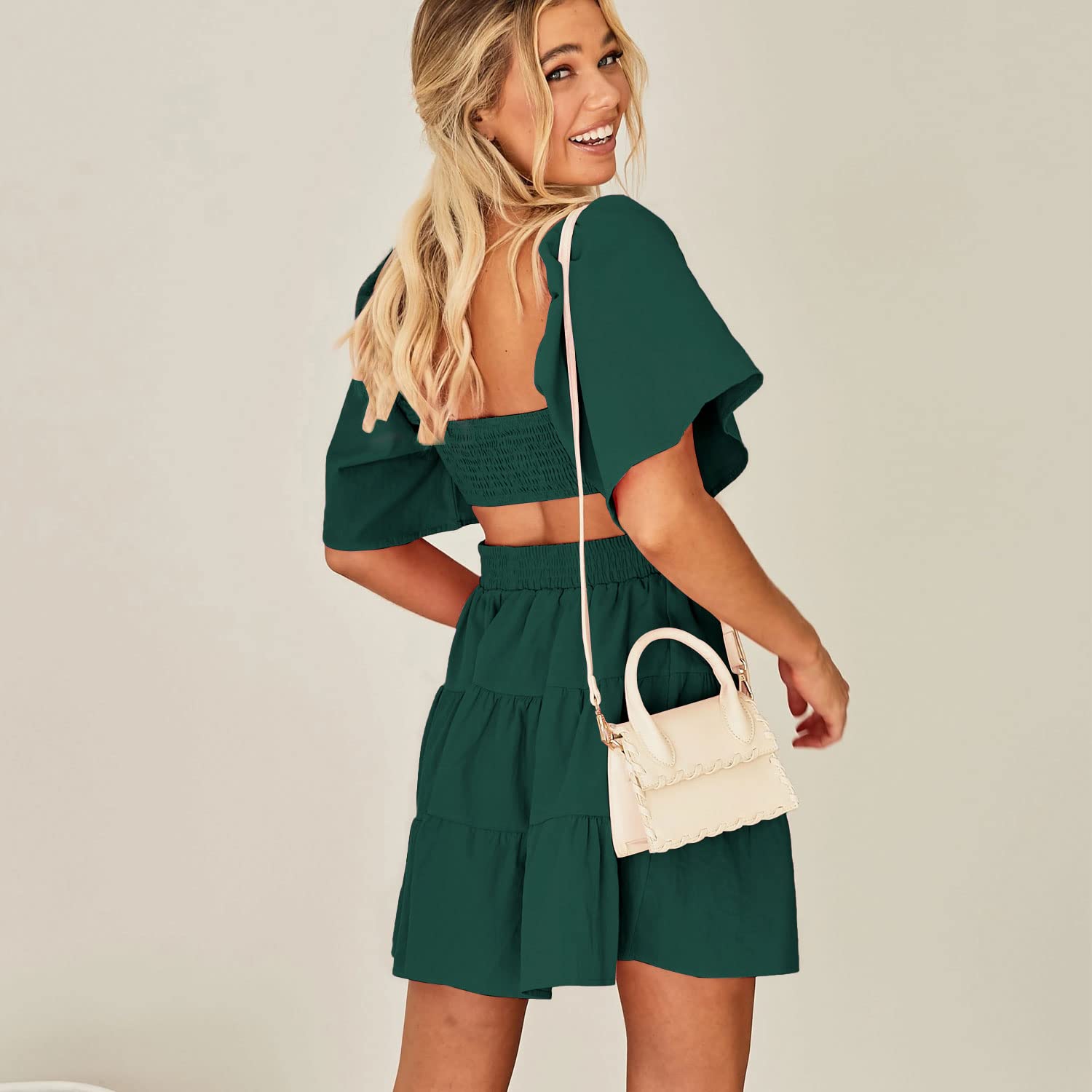 Senllen Womens Summer Dresses 2026 Short-Sleeve Square Neck Mini Dress Crossover Elastic Waist Casual Party Tiered Dress