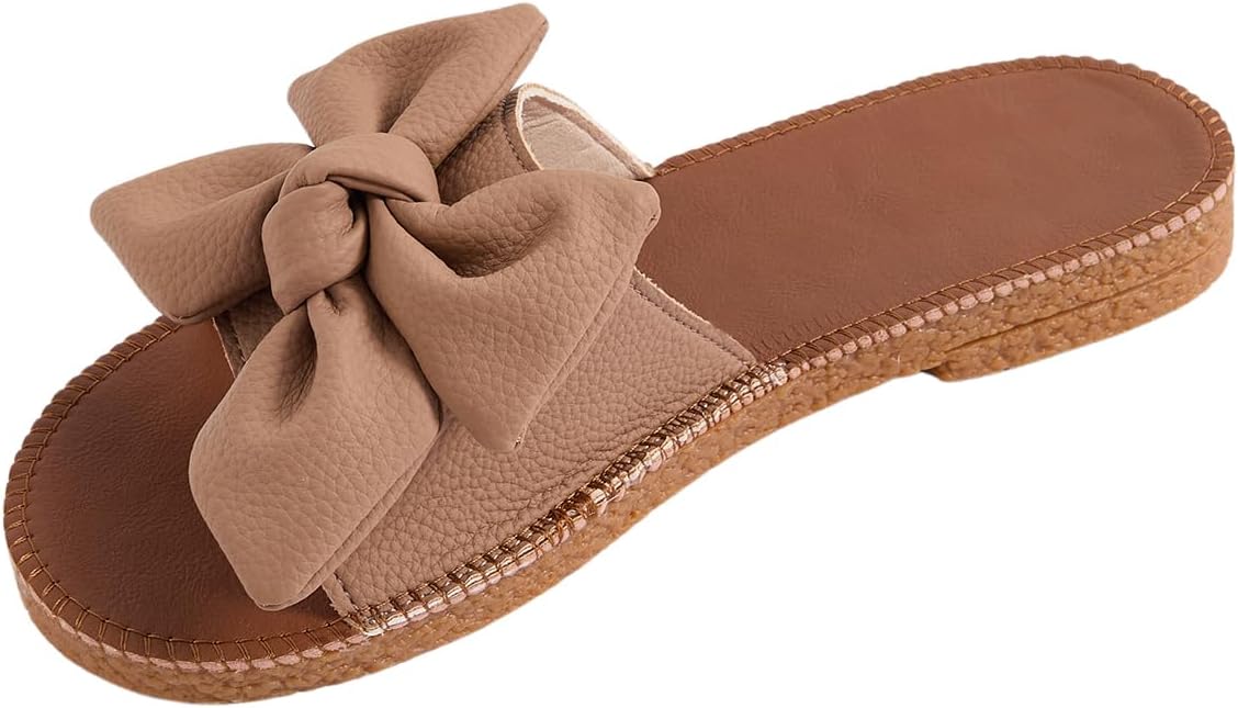 Verdusa Women's Bow Flat Sandals Leather Open Toe Flats Summer Vacation Shoes Beach Sandals Outdoor Slippers