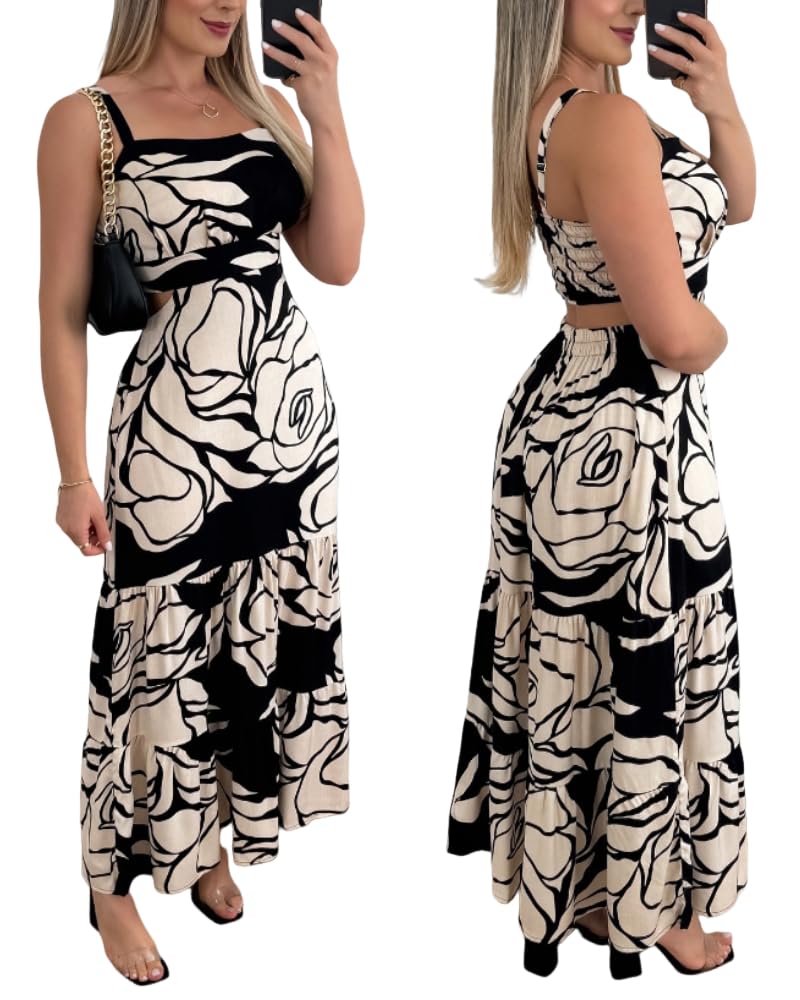 CHICME Summer Dresses for Women 2026 Sleeveless Casual Boho Maxi Dress Square Neck Cut Out Floral A Line Dress