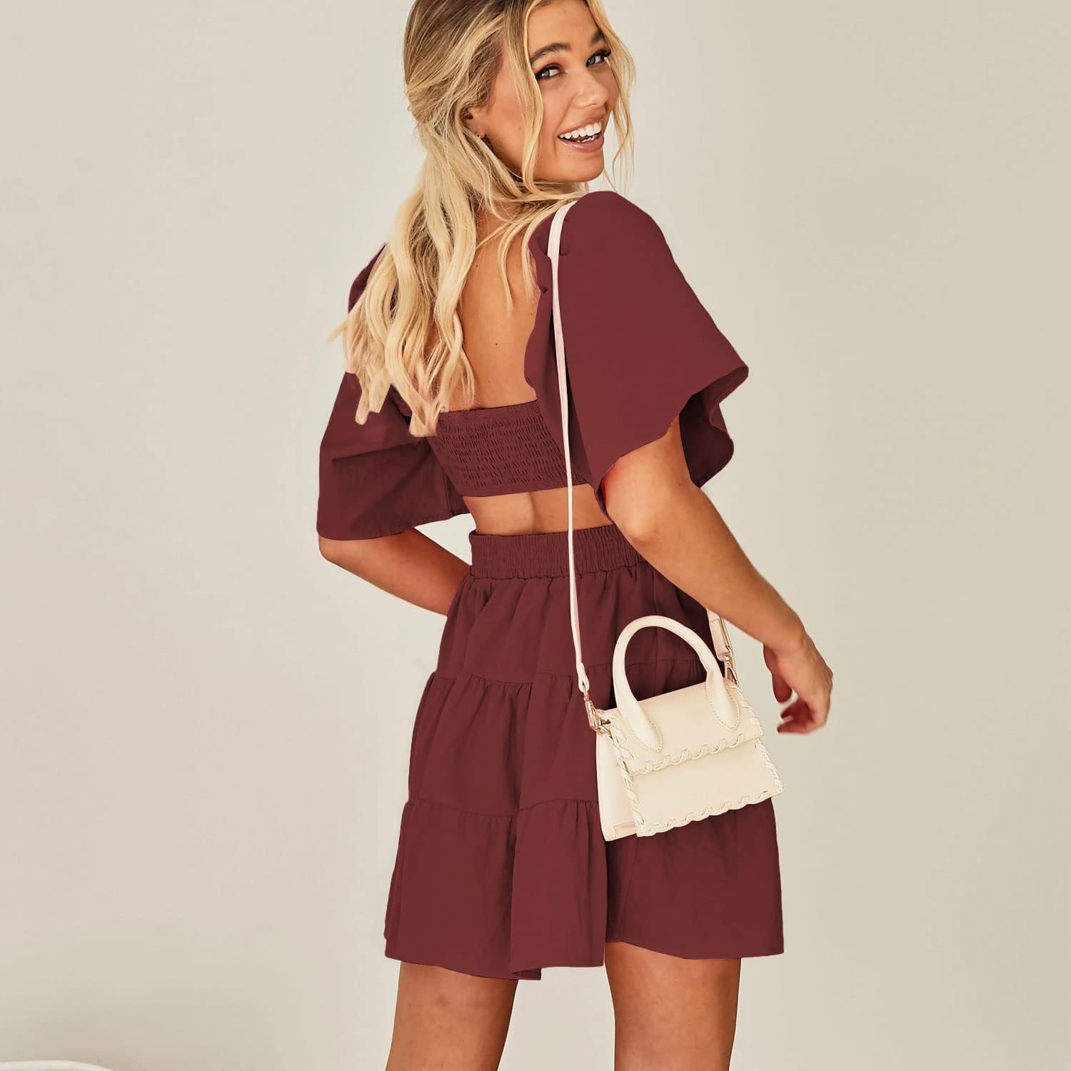 Senllen Womens Summer Dresses 2026 Short-Sleeve Square Neck Mini Dress Crossover Elastic Waist Casual Party Tiered Dress