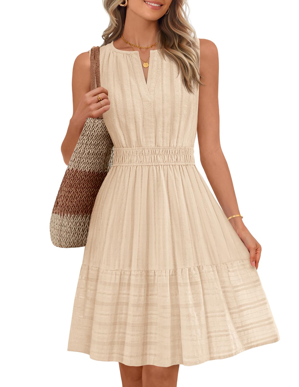 MEROKEETY Women's 2026 Summer Casual Mini Sundress Beach Vacation Sleeveless V Neck Flowy A Line Dress with Pockets