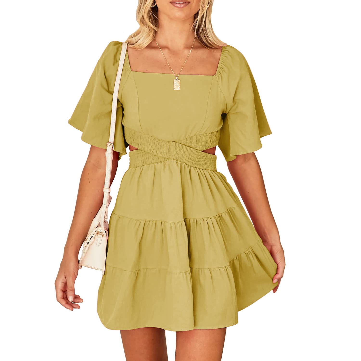 Senllen Womens Summer Dresses 2026 Short-Sleeve Square Neck Mini Dress Crossover Elastic Waist Casual Party Tiered Dress