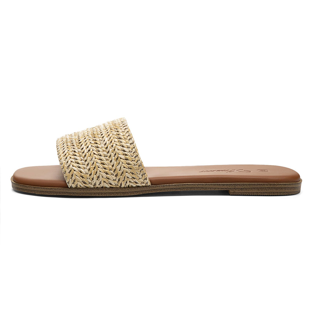 Athlefit Flat Sandals for Women Summer Raffia Square Toe Comfortable Slip On Dressy Casual Slide Sandals for Beach Travel