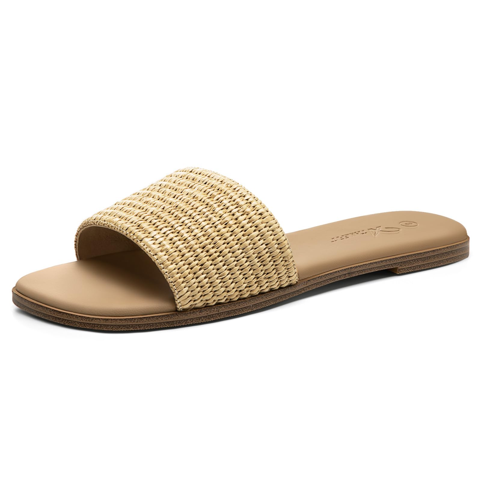 Athlefit Flat Sandals for Women Summer Raffia Square Toe Comfortable Slip On Dressy Casual Slide Sandals for Beach Travel