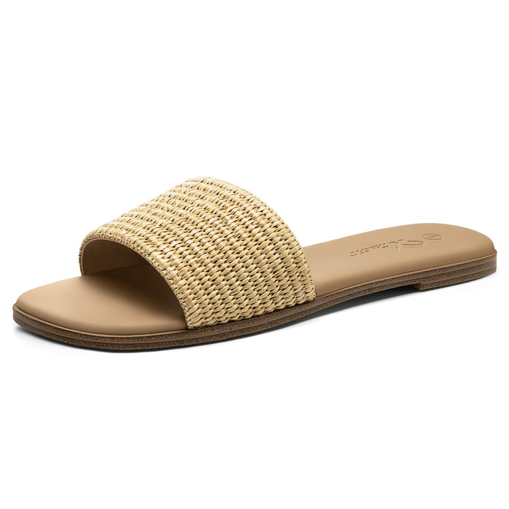 Athlefit Flat Sandals for Women Summer Raffia Square Toe Comfortable Slip On Dressy Casual Slide Sandals for Beach Travel