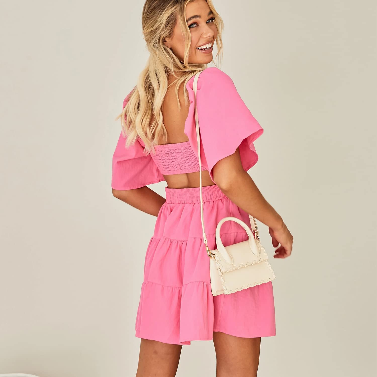 Senllen Womens Summer Dresses 2026 Short-Sleeve Square Neck Mini Dress Crossover Elastic Waist Casual Party Tiered Dress