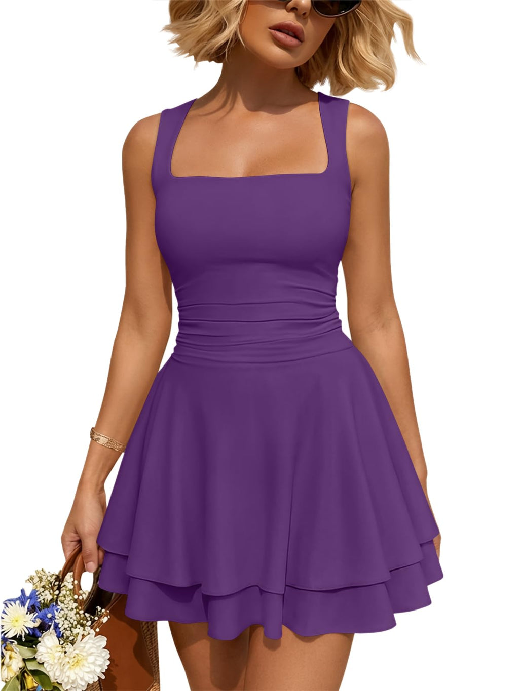 Trendy Queen Women's Square Neck Summer Party Flowy Ruffle Hem Ruched Waist Mini Dress