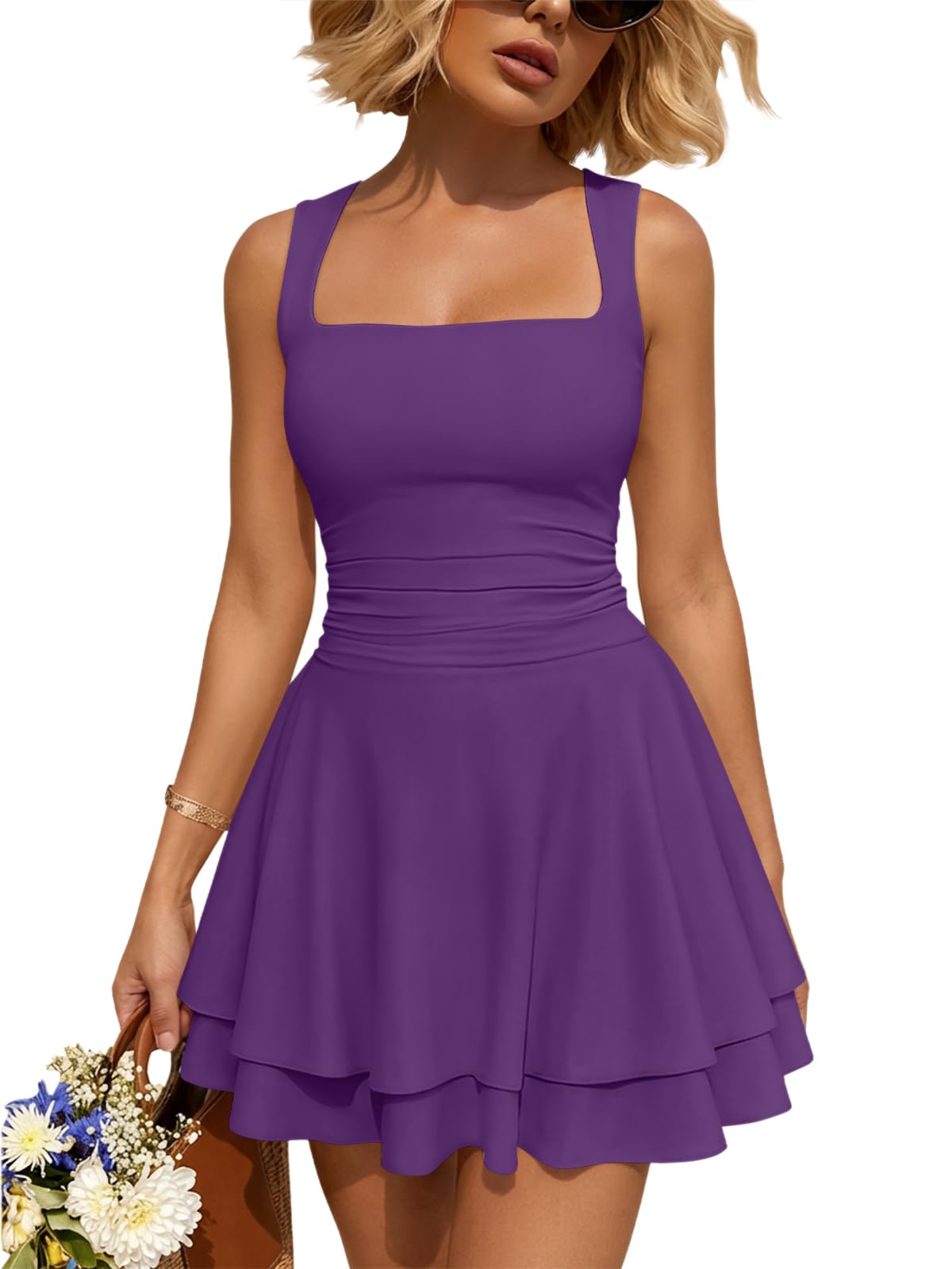 Trendy Queen Women's Square Neck Summer Party Flowy Ruffle Hem Ruched Waist Mini Dress