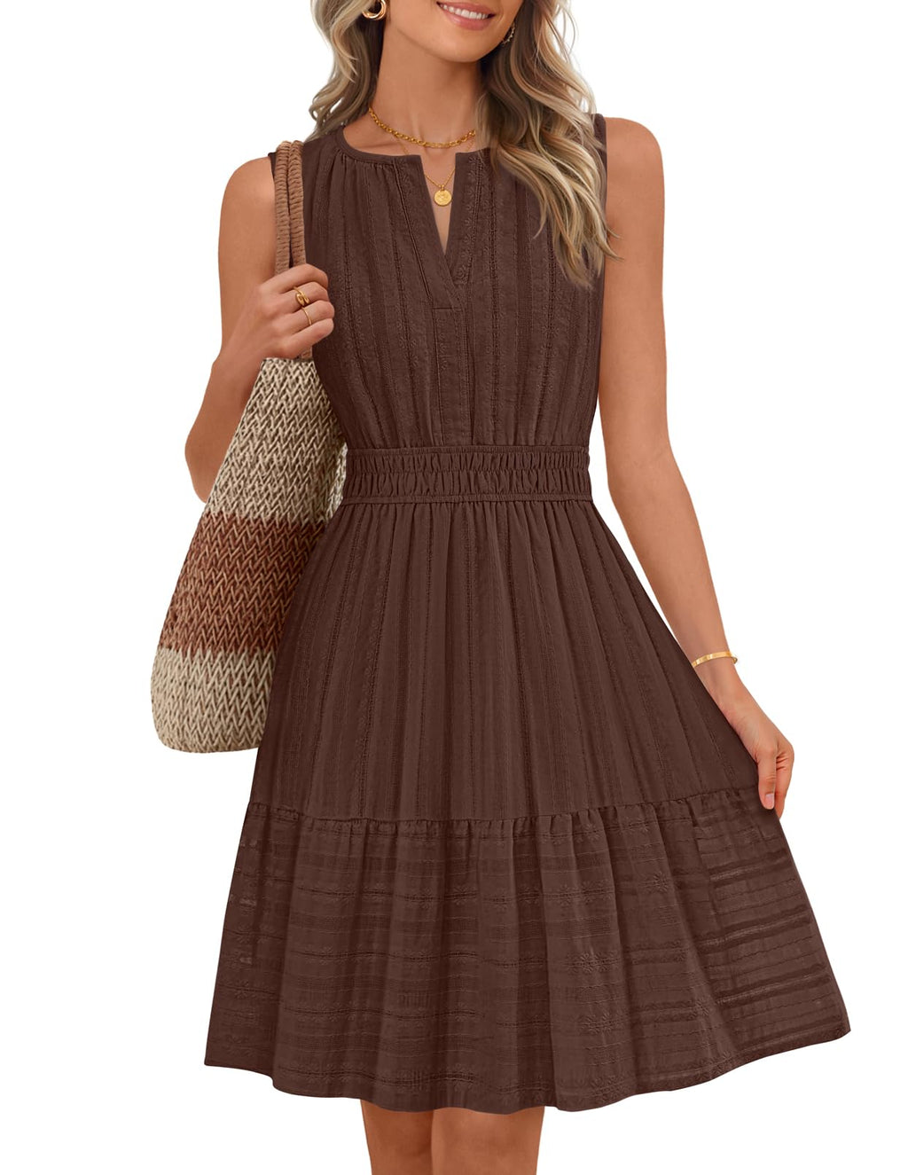MEROKEETY Women's 2026 Summer Casual Mini Sundress Beach Vacation Sleeveless V Neck Flowy A Line Dress with Pockets