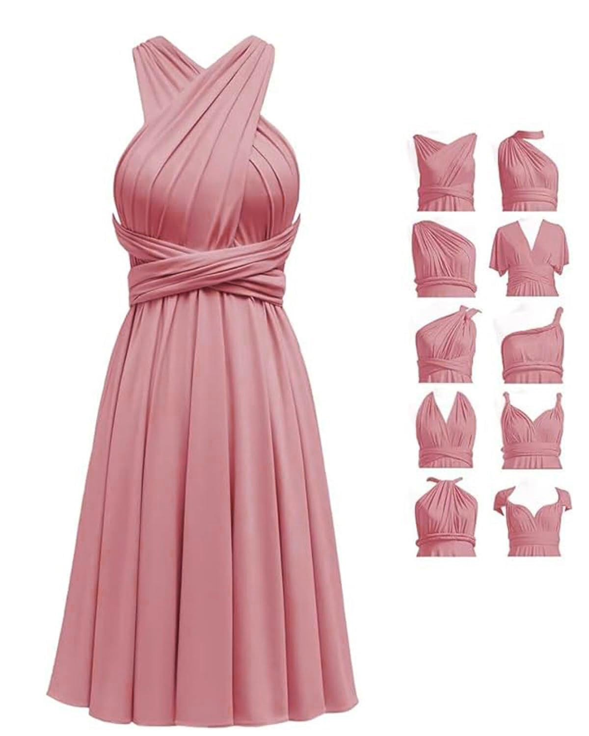 Short Infinity Dresses with Bandeau,Midi Bridesmaid Convertible Dress,Elastic Wedding Multiway Twist Wrap Dress