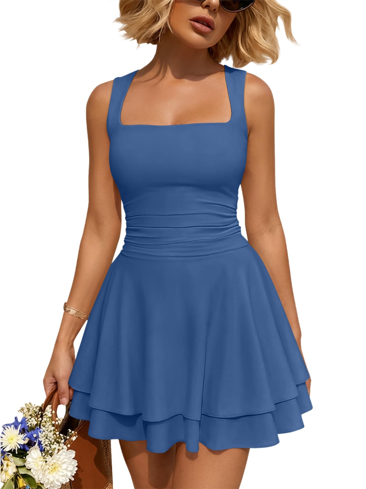 Trendy Queen Women's Square Neck Summer Party Flowy Ruffle Hem Ruched Waist Mini Dress
