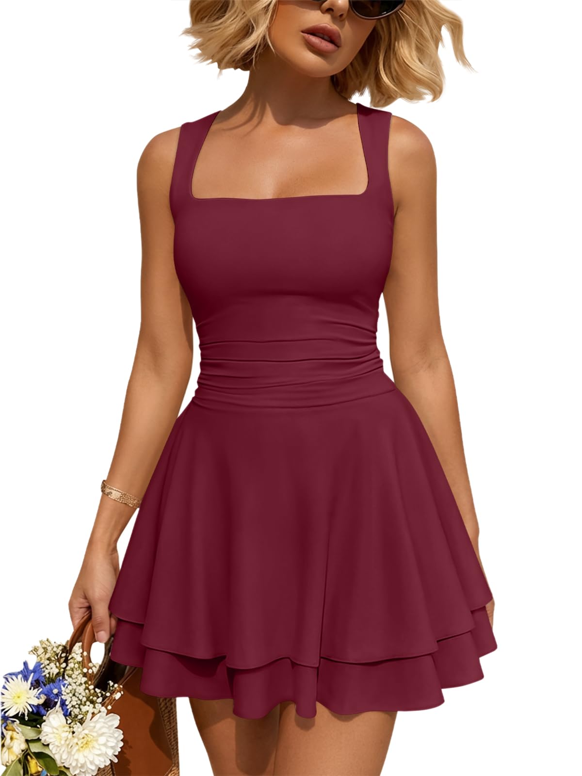 Trendy Queen Women's Square Neck Summer Party Flowy Ruffle Hem Ruched Waist Mini Dress