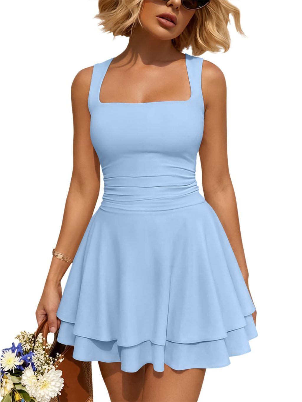 Trendy Queen Women's Square Neck Summer Party Flowy Ruffle Hem Ruched Waist Mini Dress