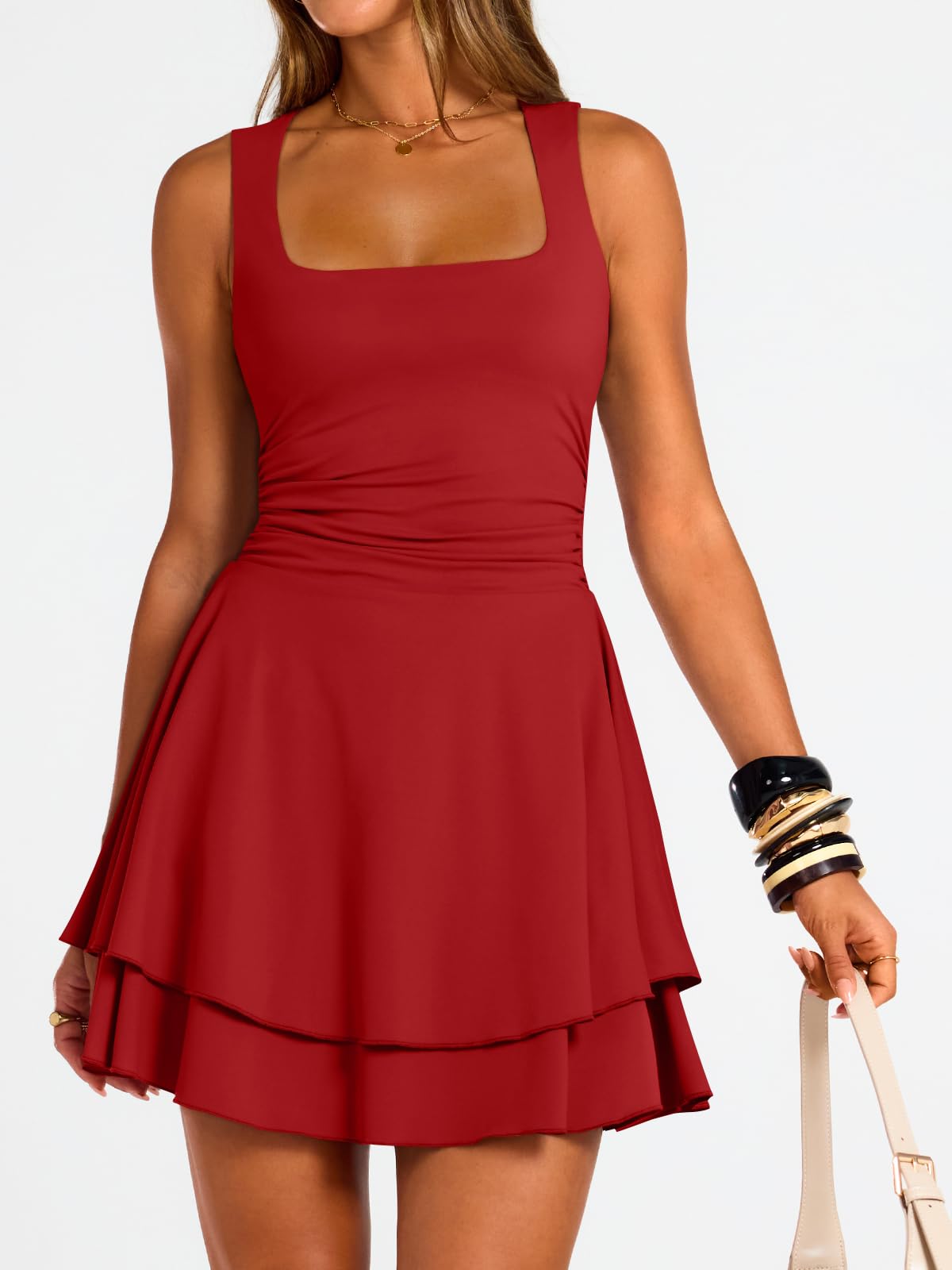 Trendy Queen Women's Square Neck Summer Party Flowy Ruffle Hem Ruched Waist Mini Dress