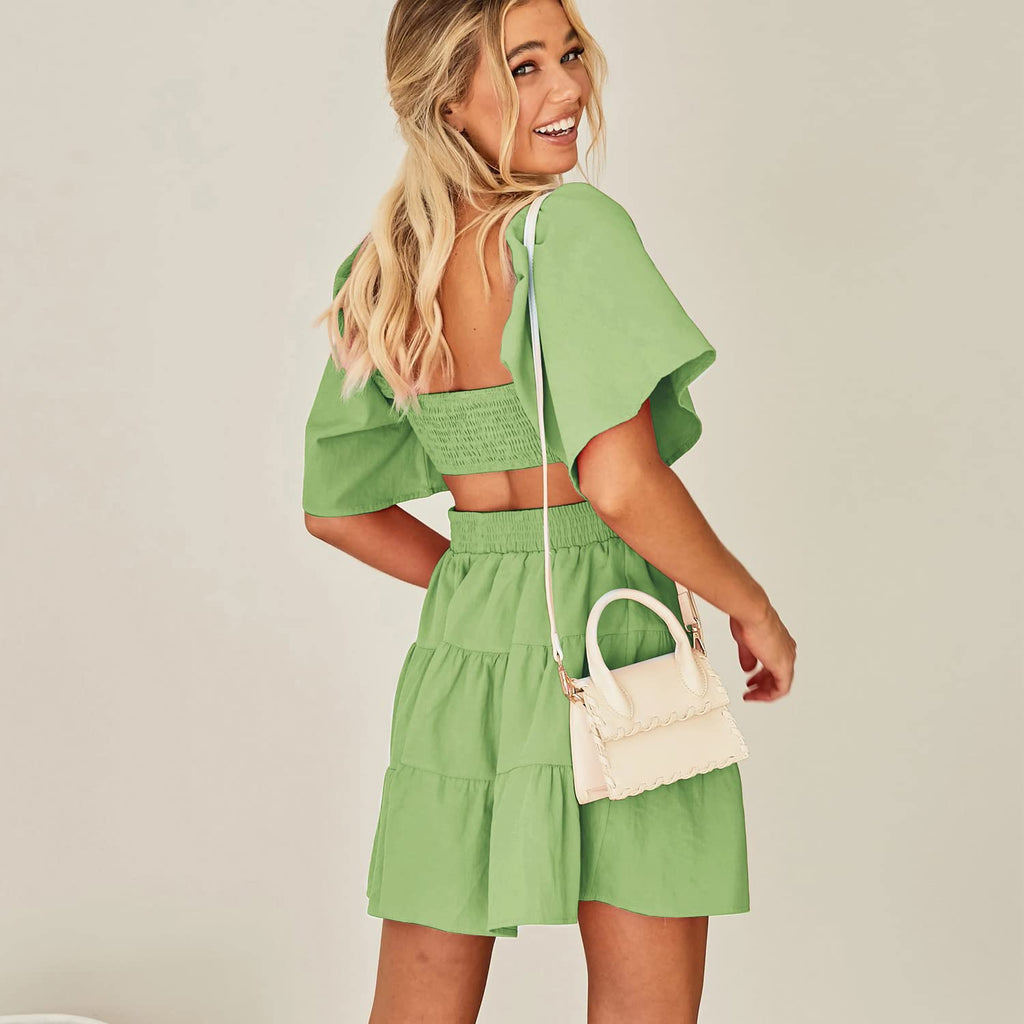 Senllen Womens Summer Dresses 2026 Short-Sleeve Square Neck Mini Dress Crossover Elastic Waist Casual Party Tiered Dress