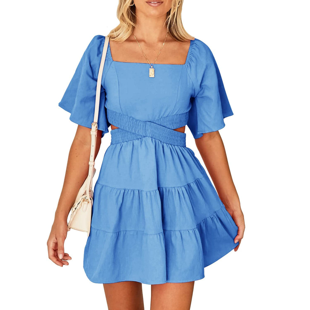 Senllen Womens Summer Dresses 2026 Short-Sleeve Square Neck Mini Dress Crossover Elastic Waist Casual Party Tiered Dress