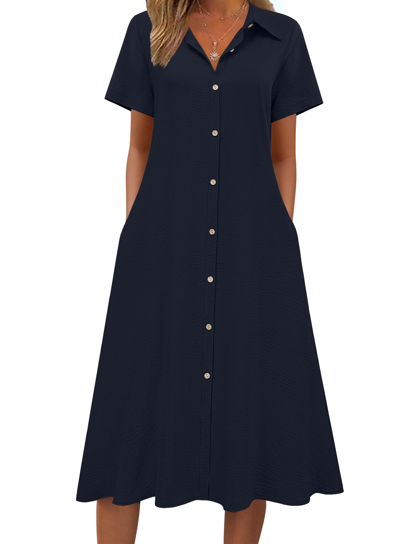Zeagoo Summer Dresses for Women 2026 Button Down Shirt Dresses Aline Long Sundress Short Sleeve Beach Travel Cover Up