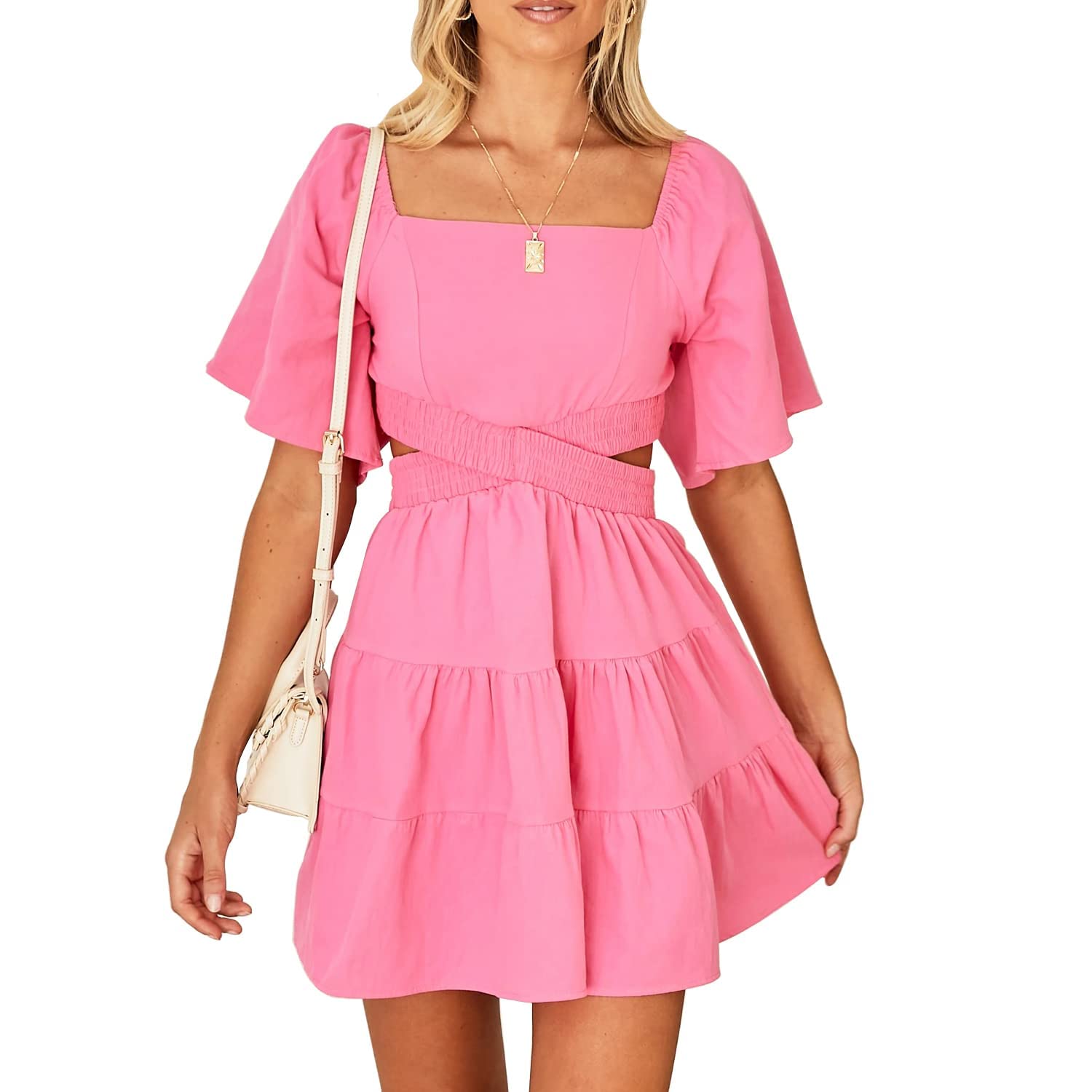 Senllen Womens Summer Dresses 2026 Short-Sleeve Square Neck Mini Dress Crossover Elastic Waist Casual Party Tiered Dress