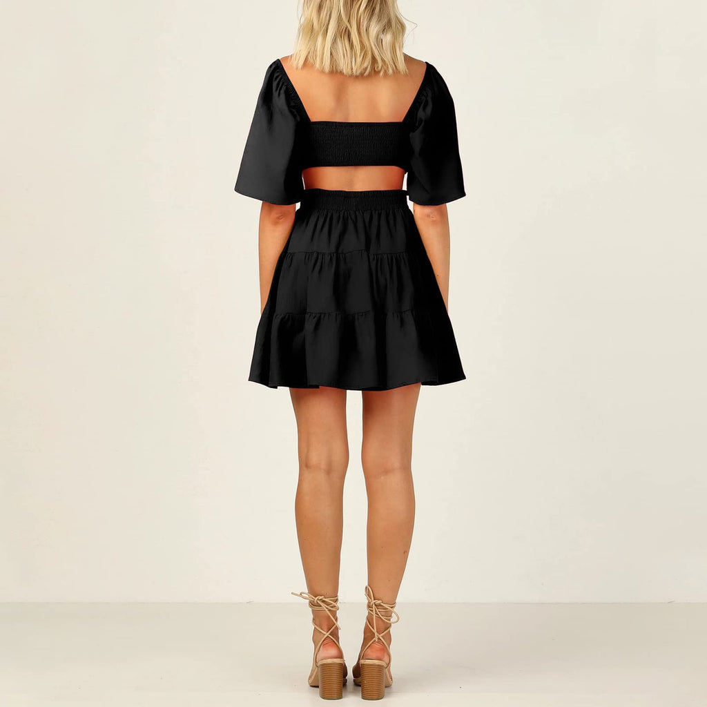 Senllen Womens Summer Dresses 2026 Short-Sleeve Square Neck Mini Dress Crossover Elastic Waist Casual Party Tiered Dress