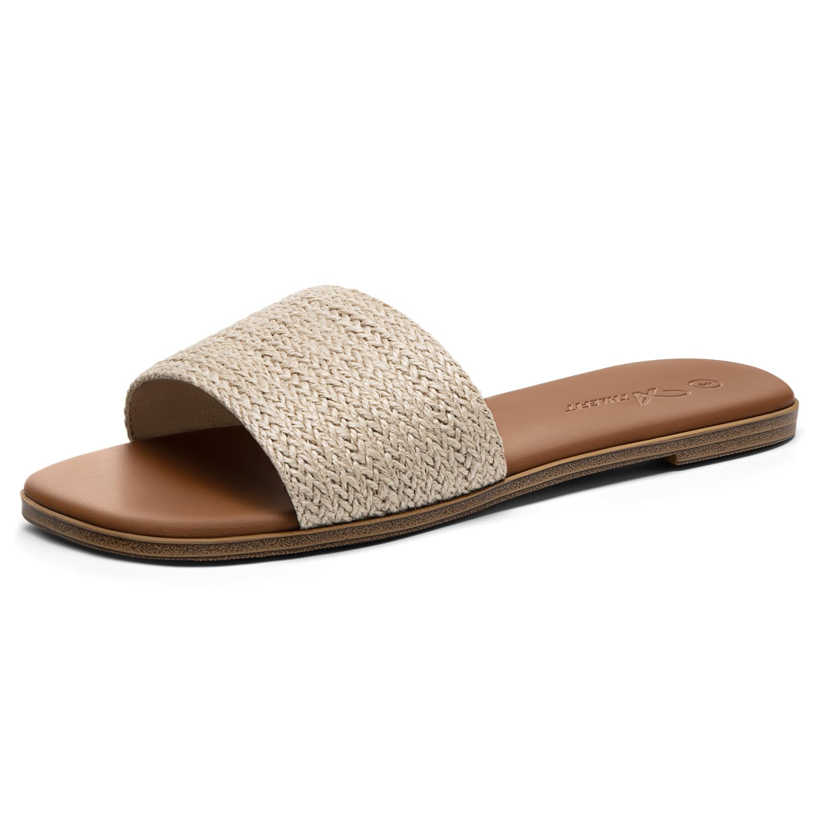 Athlefit Flat Sandals for Women Summer Raffia Square Toe Comfortable Slip On Dressy Casual Slide Sandals for Beach Travel