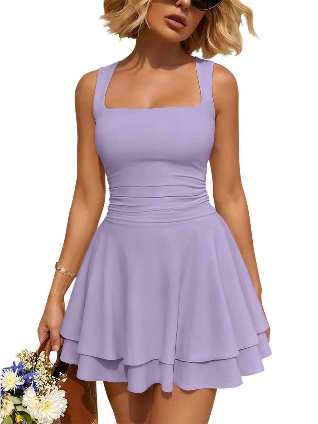 Trendy Queen Women's Square Neck Summer Party Flowy Ruffle Hem Ruched Waist Mini Dress