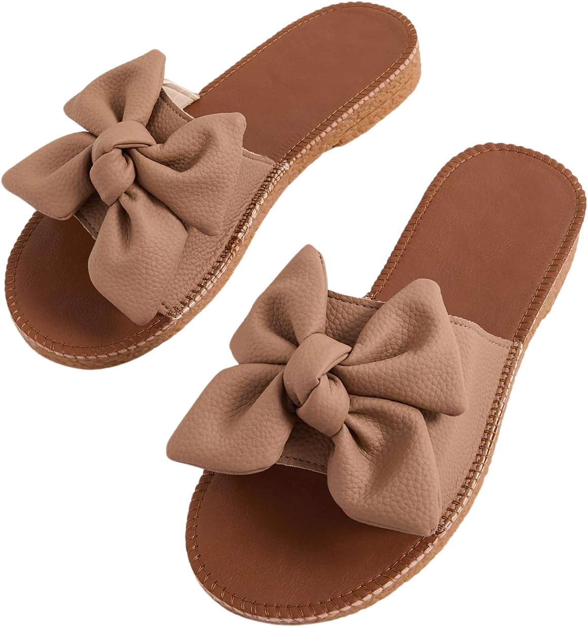 Verdusa Women's Bow Flat Sandals Leather Open Toe Flats Summer Vacation Shoes Beach Sandals Outdoor Slippers