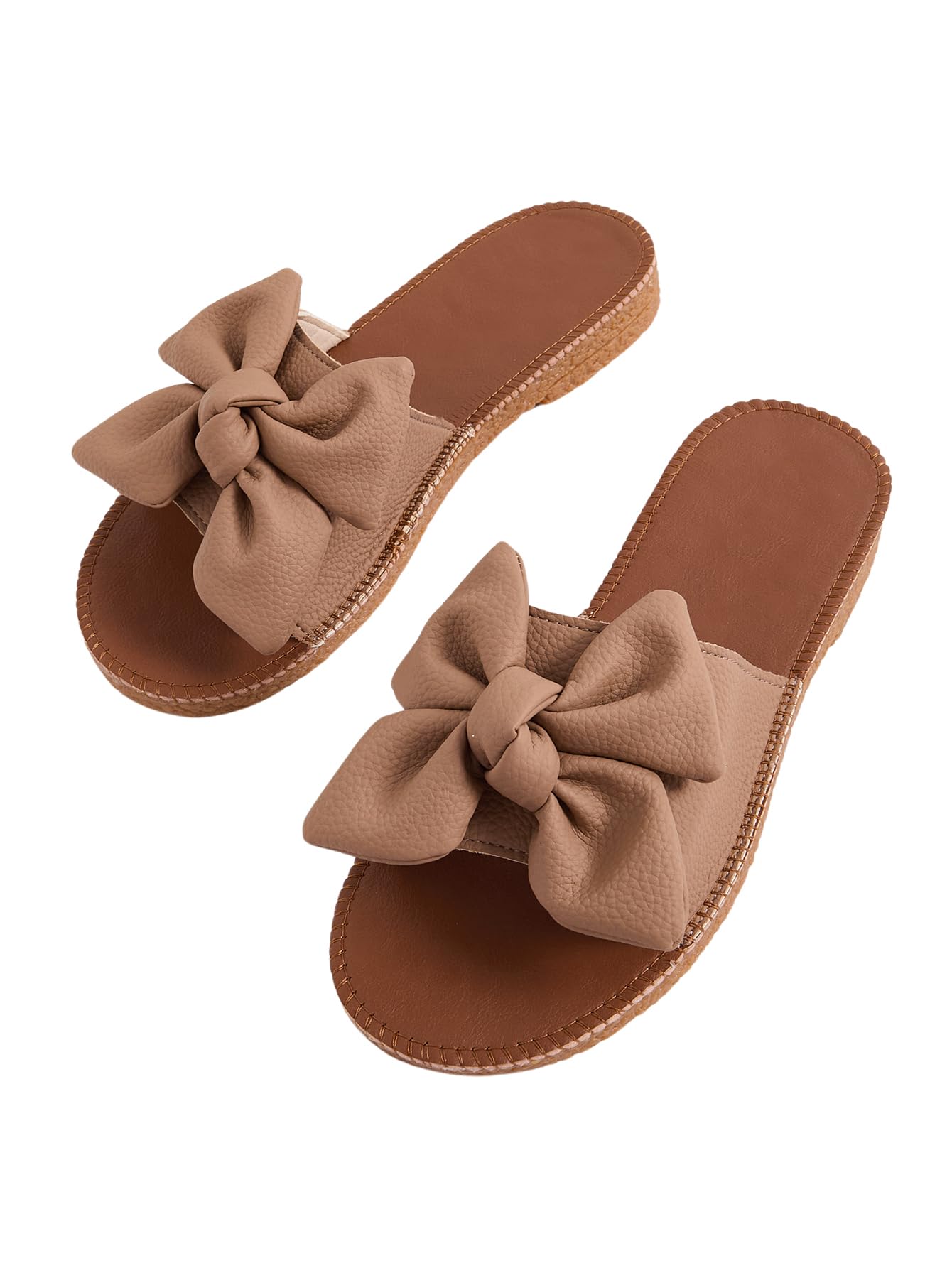 Verdusa Women's Bow Flat Sandals Leather Open Toe Flats Summer Vacation Shoes Beach Sandals Outdoor Slippers