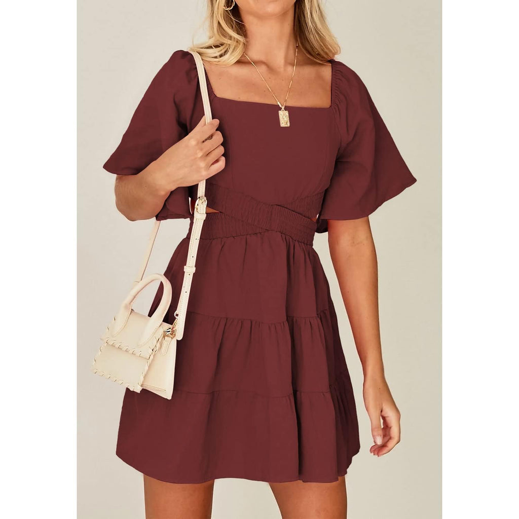 Senllen Womens Summer Dresses 2026 Short-Sleeve Square Neck Mini Dress Crossover Elastic Waist Casual Party Tiered Dress