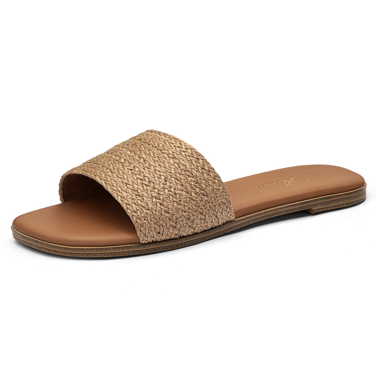 Athlefit Flat Sandals for Women Summer Raffia Square Toe Comfortable Slip On Dressy Casual Slide Sandals for Beach Travel
