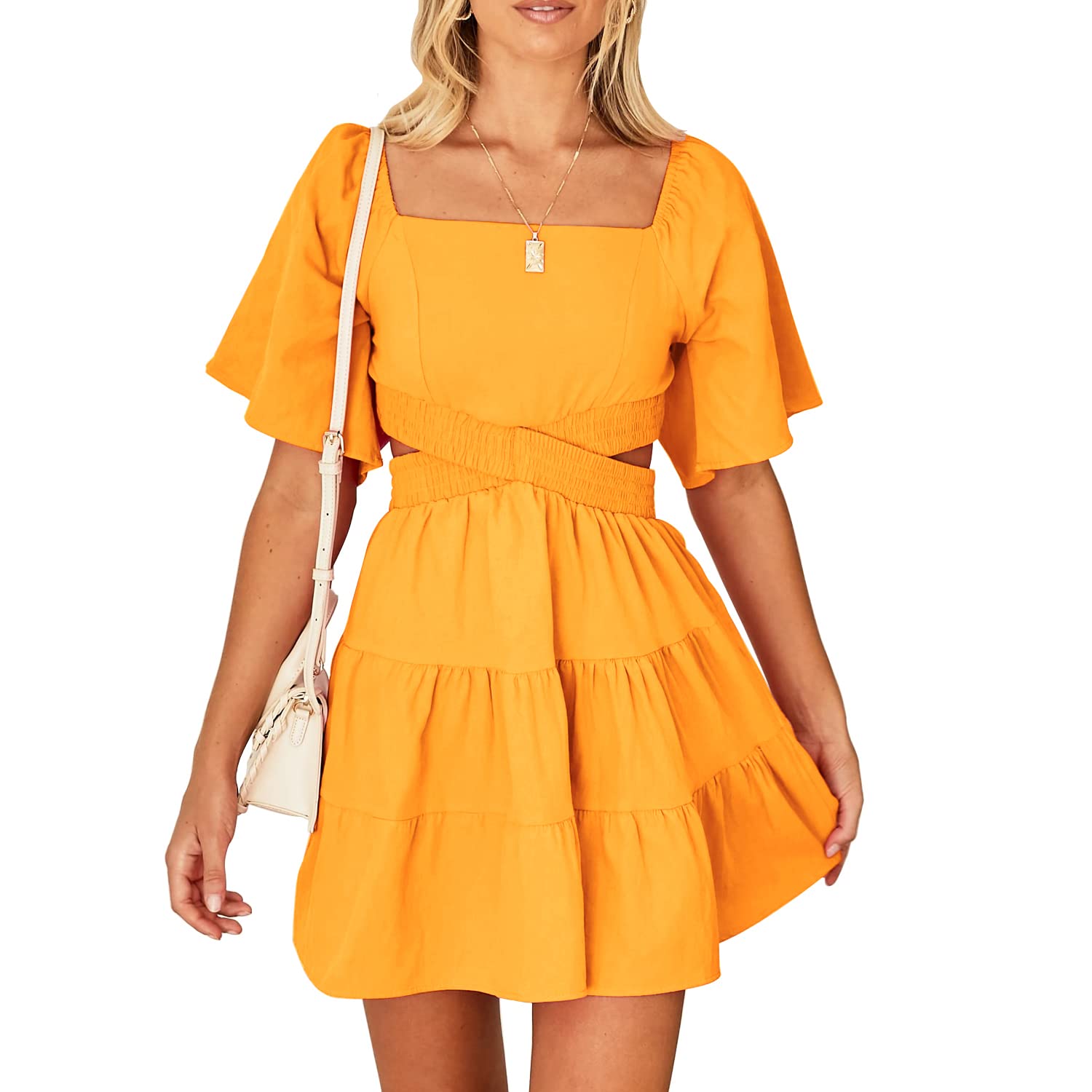 Senllen Womens Summer Dresses 2026 Short-Sleeve Square Neck Mini Dress Crossover Elastic Waist Casual Party Tiered Dress
