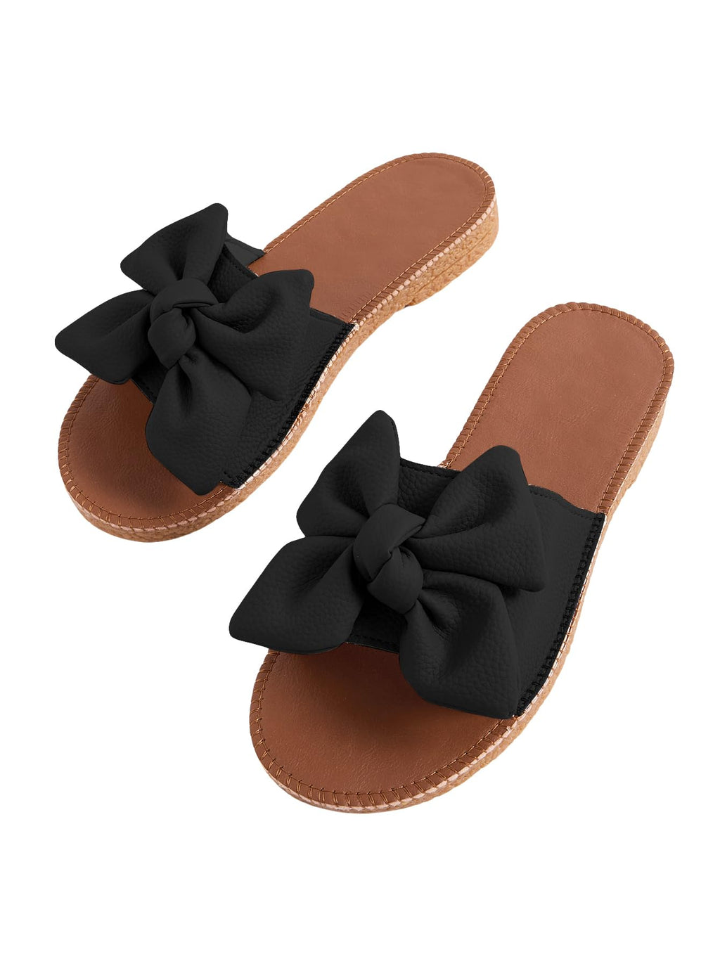 Verdusa Women's Bow Flat Sandals Leather Open Toe Flats Summer Vacation Shoes Beach Sandals Outdoor Slippers