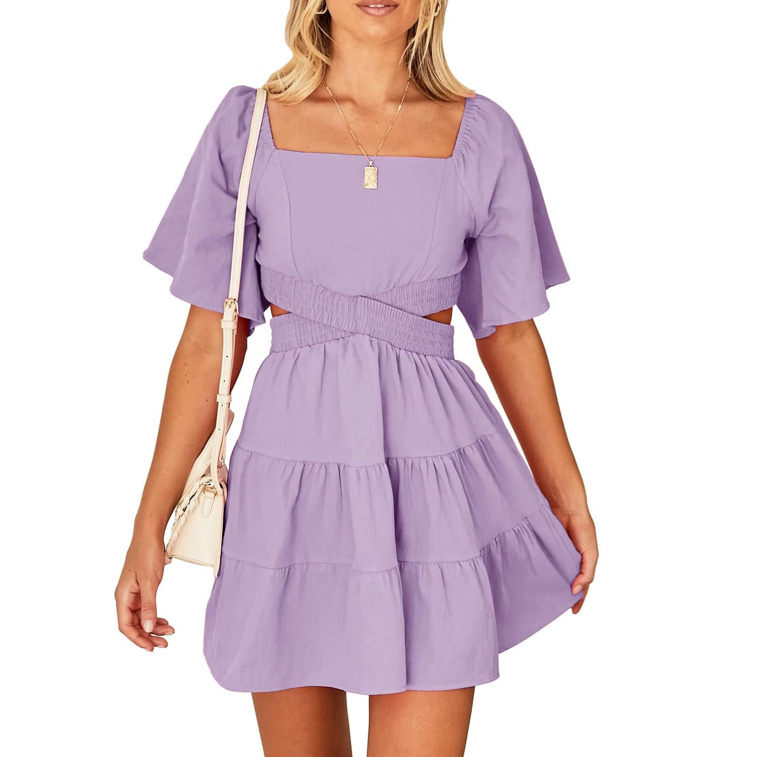 Senllen Womens Summer Dresses 2026 Short-Sleeve Square Neck Mini Dress Crossover Elastic Waist Casual Party Tiered Dress