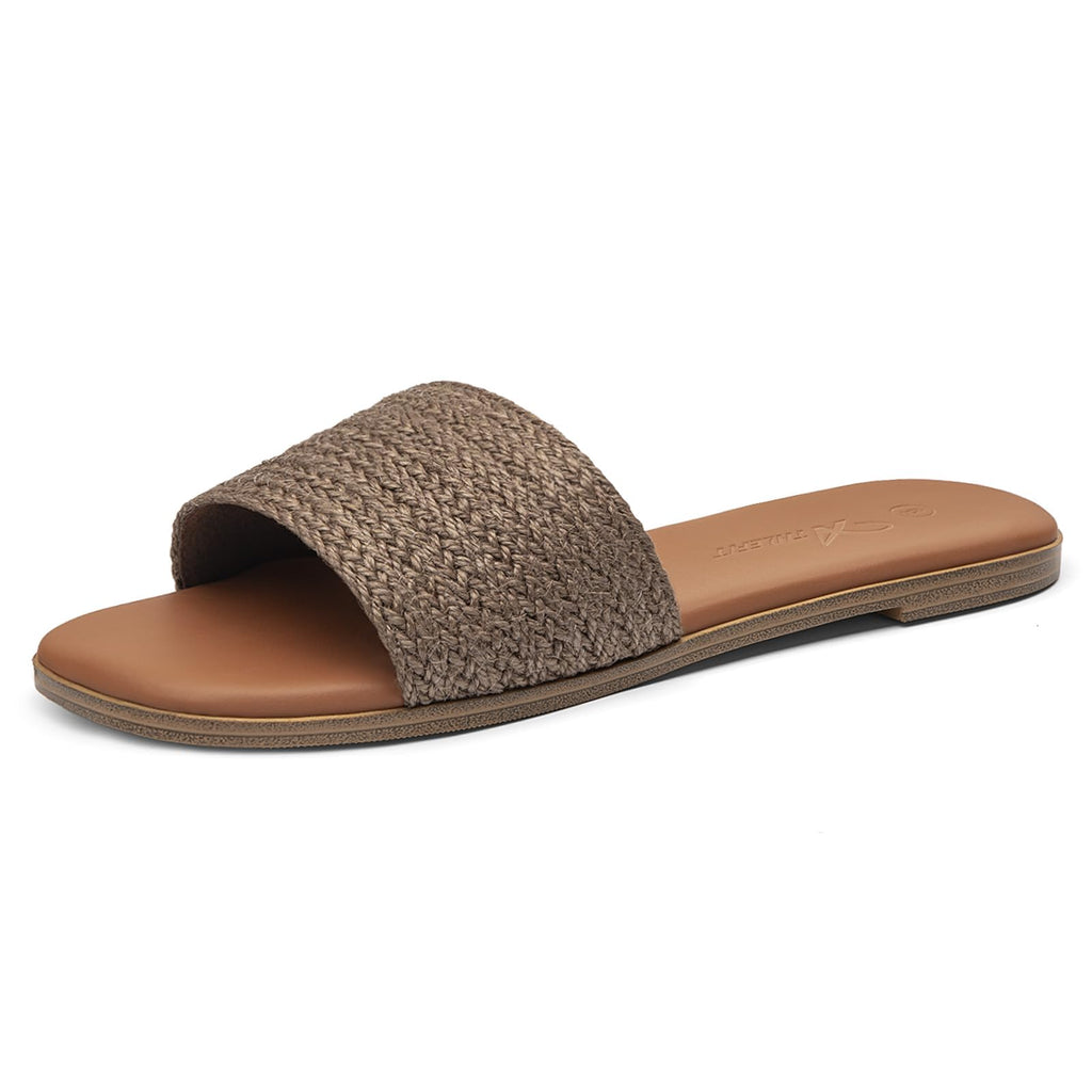 Athlefit Flat Sandals for Women Summer Raffia Square Toe Comfortable Slip On Dressy Casual Slide Sandals for Beach Travel