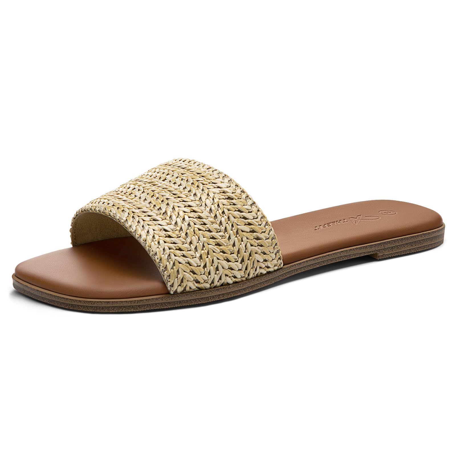 Athlefit Flat Sandals for Women Summer Raffia Square Toe Comfortable Slip On Dressy Casual Slide Sandals for Beach Travel