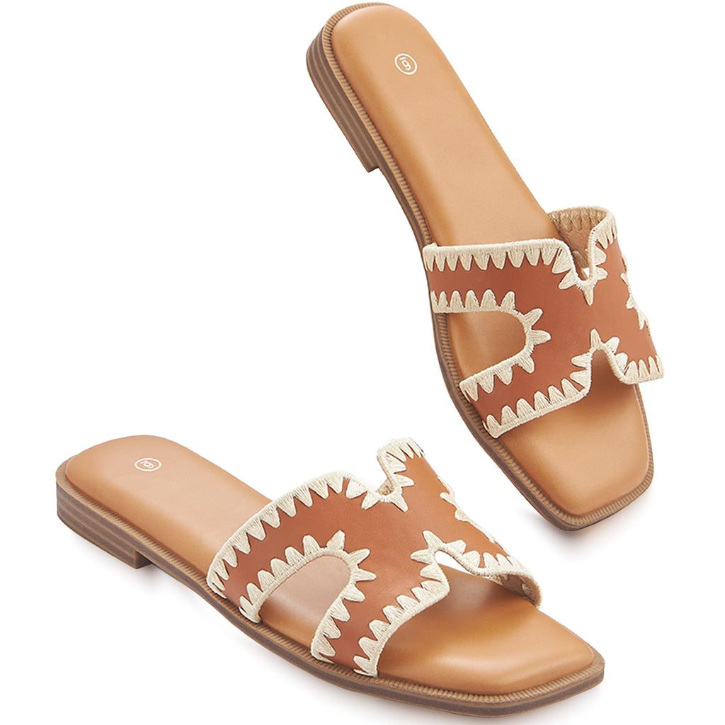 Womens Sandals Slip On Fashion Flat Sandals Soft Memory Foam Slides Comfortable Leather Open Toe Slide For Summer Dressy 2026
