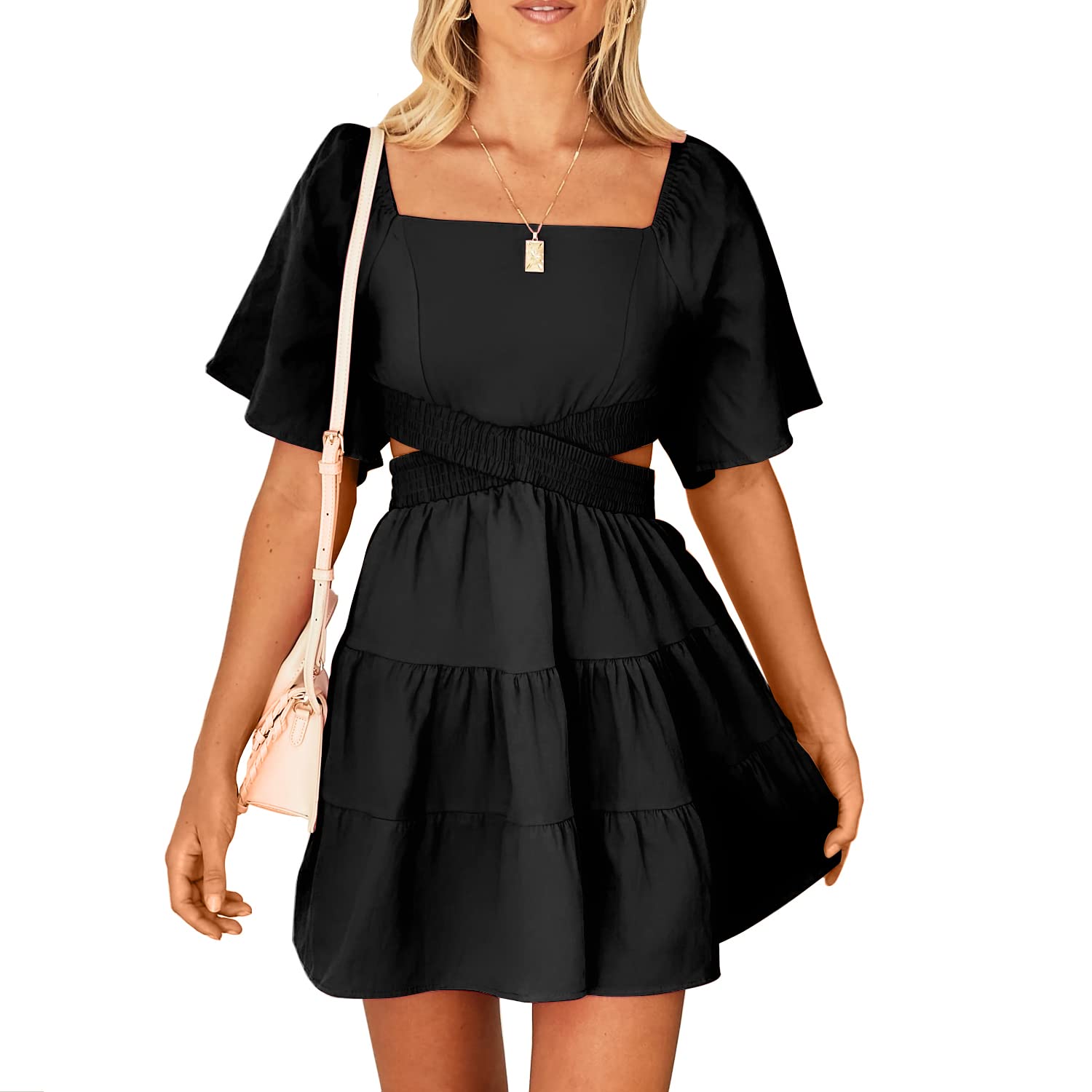 Senllen Womens Summer Dresses 2026 Short-Sleeve Square Neck Mini Dress Crossover Elastic Waist Casual Party Tiered Dress