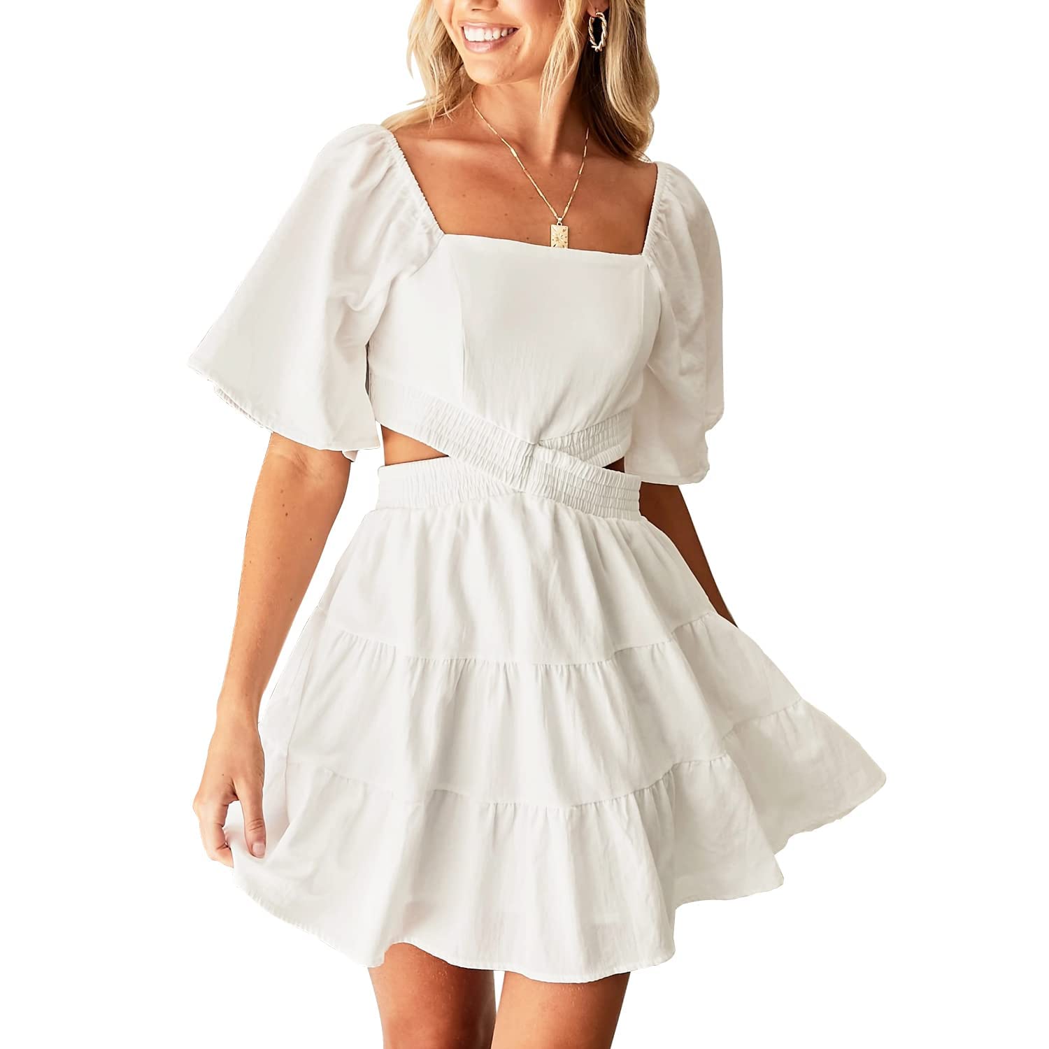 Senllen Womens Summer Dresses 2026 Short-Sleeve Square Neck Mini Dress Crossover Elastic Waist Casual Party Tiered Dress