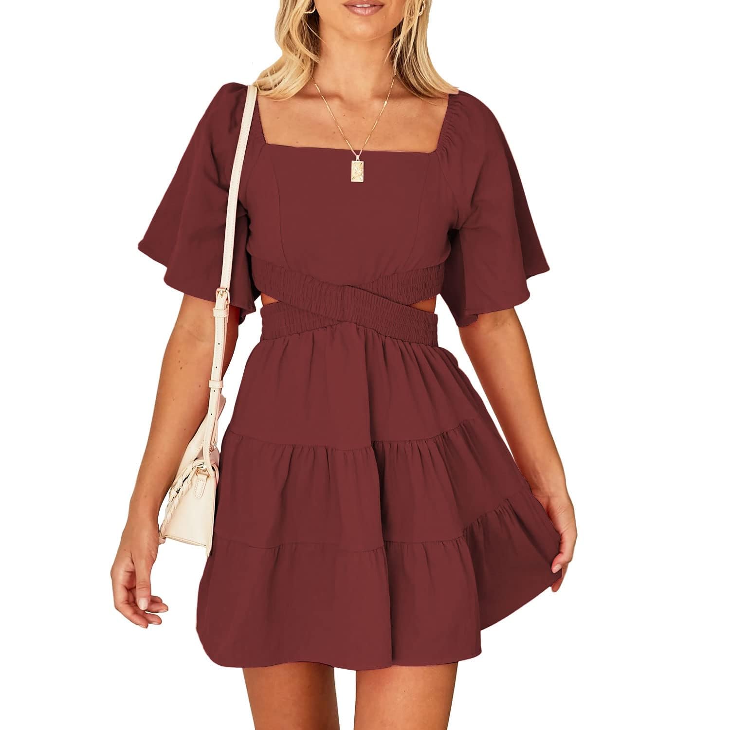 Senllen Womens Summer Dresses 2026 Short-Sleeve Square Neck Mini Dress Crossover Elastic Waist Casual Party Tiered Dress