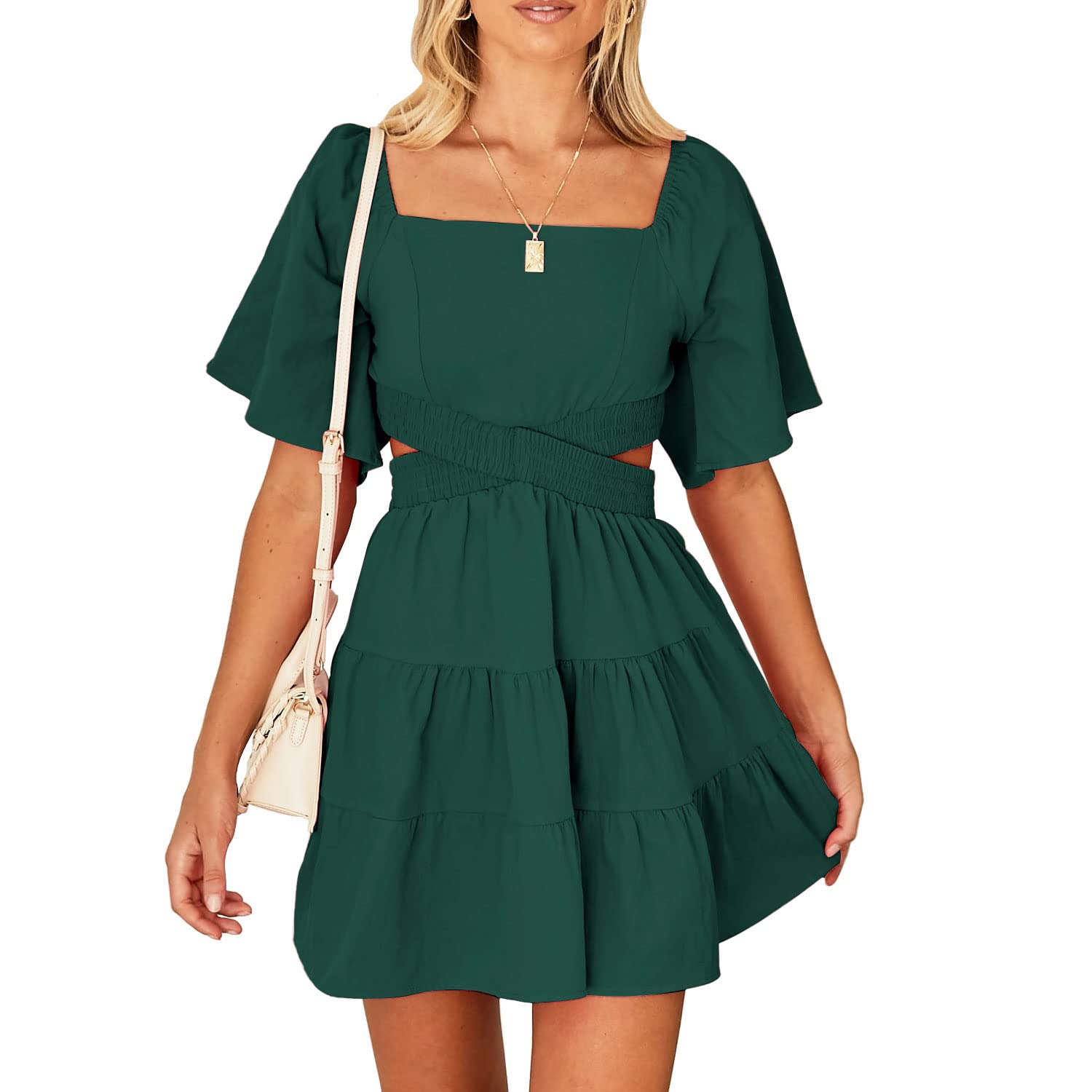 Senllen Womens Summer Dresses 2026 Short-Sleeve Square Neck Mini Dress Crossover Elastic Waist Casual Party Tiered Dress