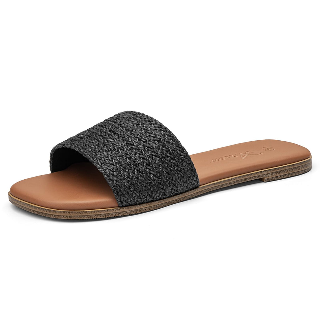 Athlefit Flat Sandals for Women Summer Raffia Square Toe Comfortable Slip On Dressy Casual Slide Sandals for Beach Travel
