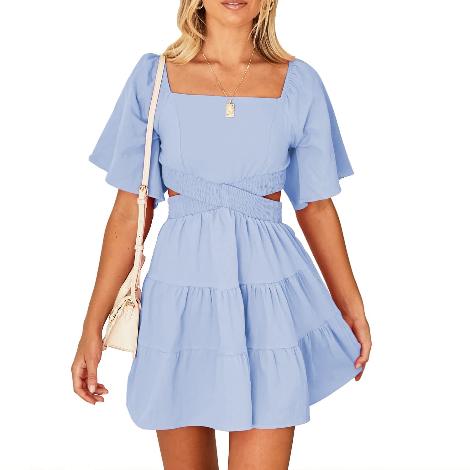 Senllen Womens Summer Dresses 2026 Short-Sleeve Square Neck Mini Dress Crossover Elastic Waist Casual Party Tiered Dress
