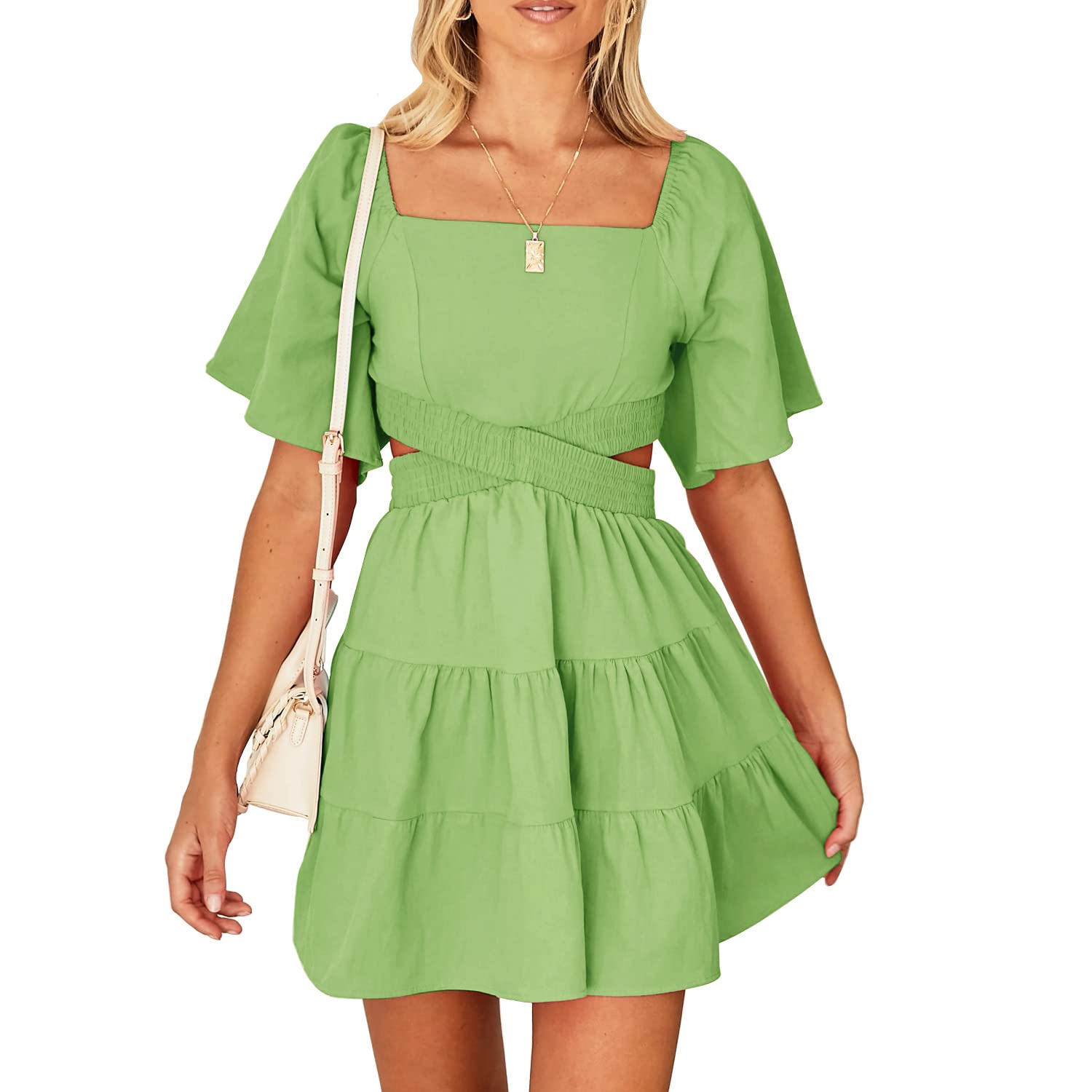 Senllen Womens Summer Dresses 2026 Short-Sleeve Square Neck Mini Dress Crossover Elastic Waist Casual Party Tiered Dress