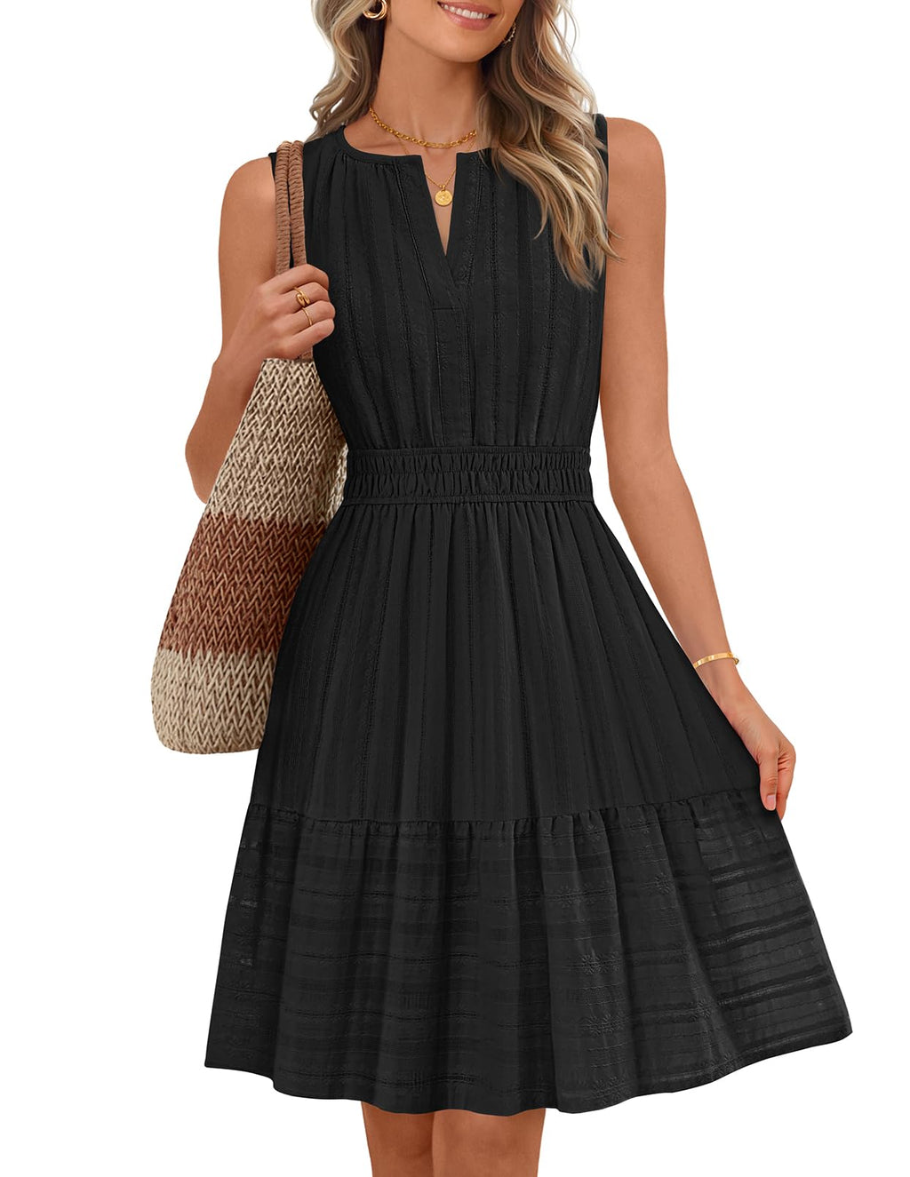 MEROKEETY Women's 2026 Summer Casual Mini Sundress Beach Vacation Sleeveless V Neck Flowy A Line Dress with Pockets