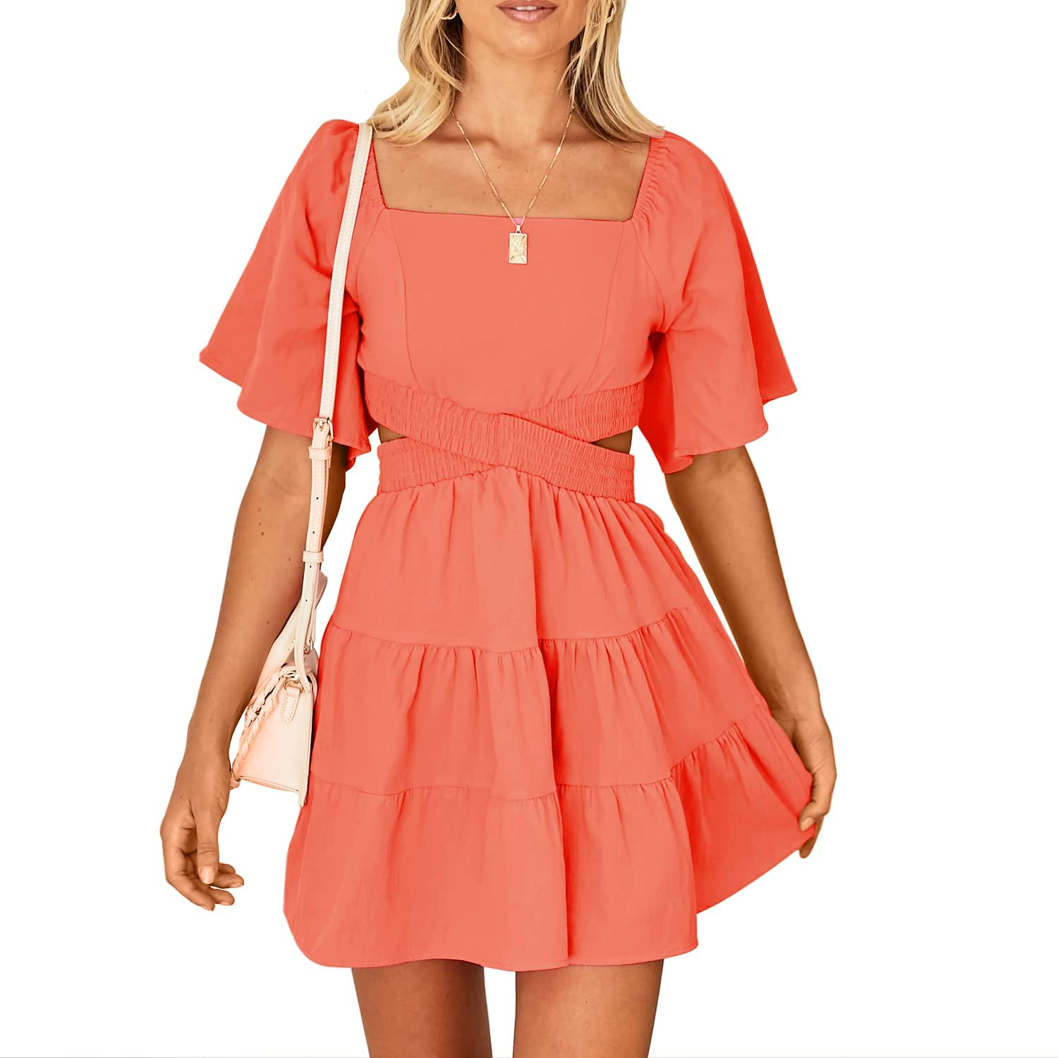 Senllen Womens Summer Dresses 2026 Short-Sleeve Square Neck Mini Dress Crossover Elastic Waist Casual Party Tiered Dress