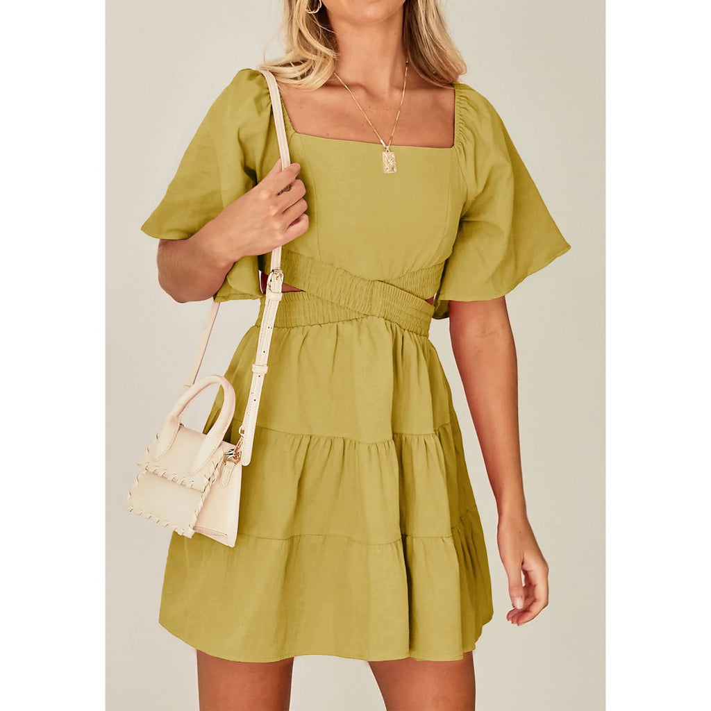 Senllen Womens Summer Dresses 2026 Short-Sleeve Square Neck Mini Dress Crossover Elastic Waist Casual Party Tiered Dress
